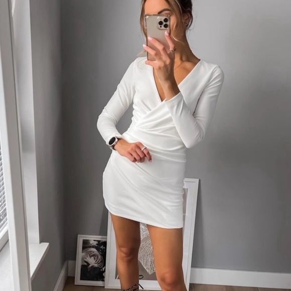 Zara white mini dress draped wrap long sleeve shower party wedding - Picture 2 of 9